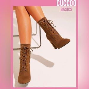 M CUCCOO Basic Knit Detail Point Toe Lace-up Front Chunky Sock Boots
